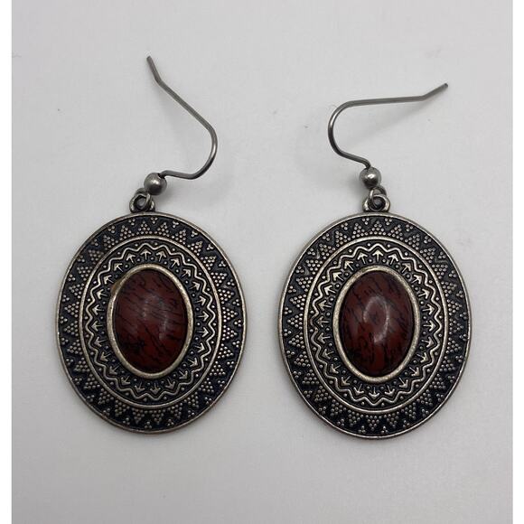 Vintage Premier Designs Red Spice Detailed Silver Tone Red & Black Stone Earring - Picture 1 of 4